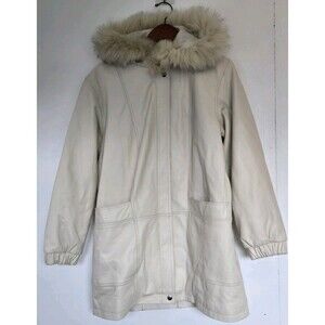 Excelled Collection Coat Womens LP White Leather Faux Fur Old Money Winter Long